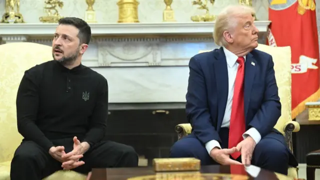 Donald Trump and Volodymyr Zelensky look away from each other during their meeting in the Oval Office of the White House