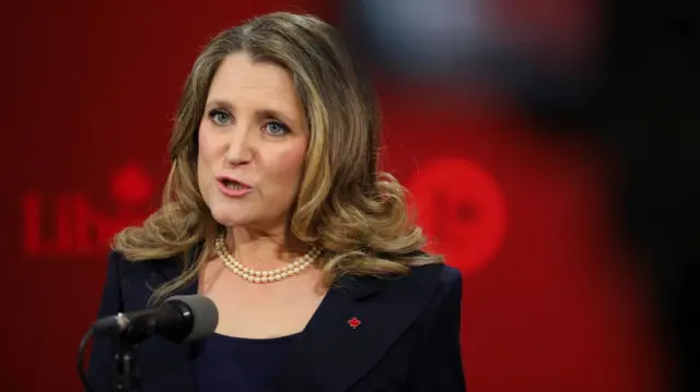 Freeland is seen in close up, with a red background. There is the faint outline of a Liberal Party logo on the red backdrop, and Freeland looks as though she's in the middle of saying something. She has a pearl necklace and black blazer on.