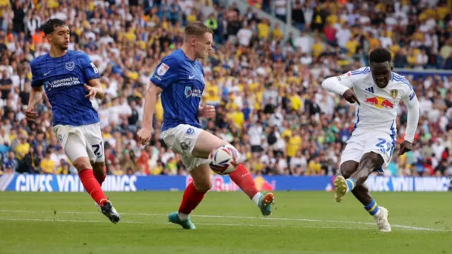 Wilfried Gnonto of Leeds United has a shot on goal