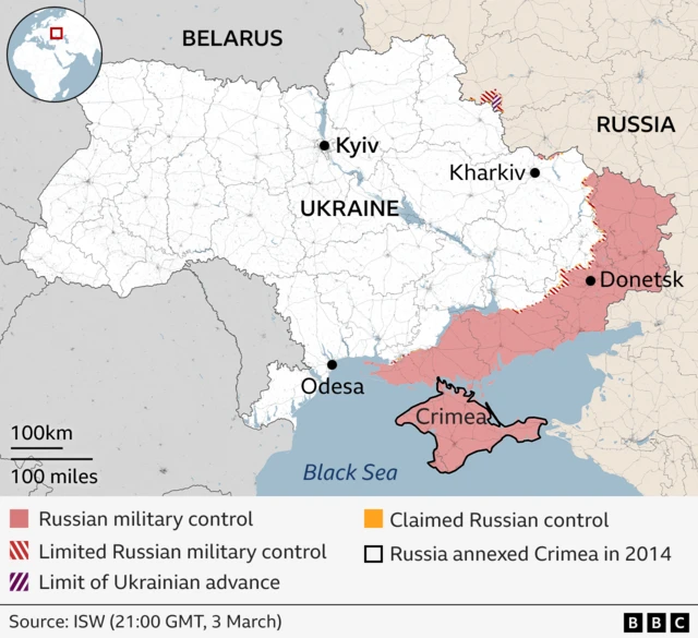 Map shows Ukraine with Kyiv, Kharkiv, Odesa and Donetsk named. Shows Belarus to the north and Russia to the east, with Crimea in the south. Certain areas are highlighted as being under Russian military control, limited Russian military control, limit of Ukrainian advance and claimed Russian control