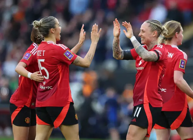 Leah Galton celebrates putting Man Utd ahead against Sunderland