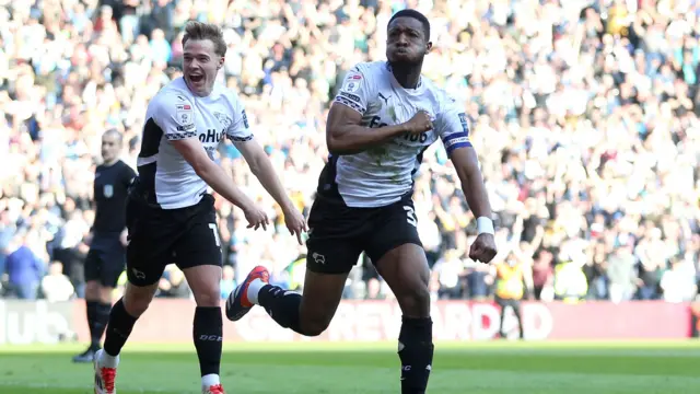 Derby's Ebou Adams puffs his cheeks after scoring against Blackburn