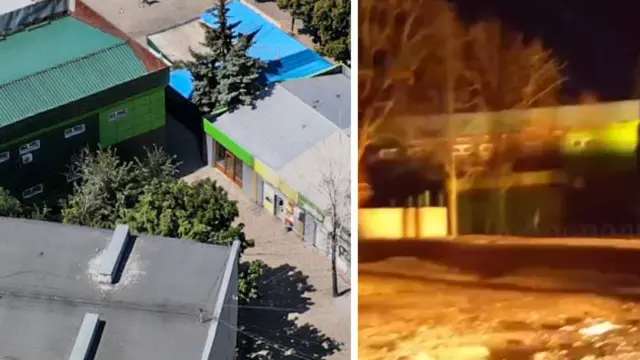 Split image of aerial shot of business area, one building to the left with a green roof, a building with a blue roof and a pine tree on top to its left. On the right side of the image, a blurred photo of a street by night