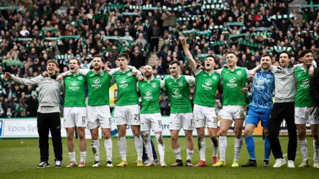 Hibs players sing Sunshine on Leith after Edinburgh derby win last weekend