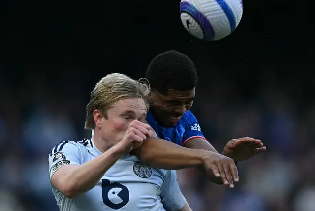 Victor Kristiansen and Chelsea's French defender Wesley Fofana vie to header the ball