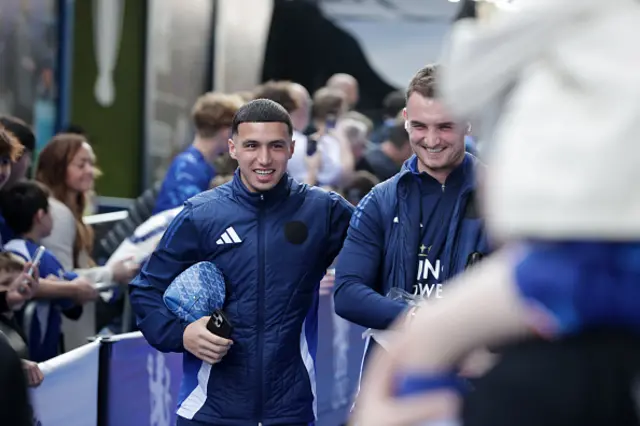 Bilal El Khannouss of Leicester City and Jakub Stolarczyk of Leicester City arrive