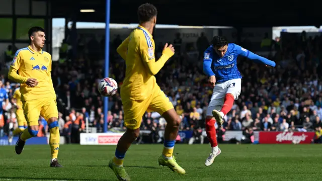 Andre Dozzell (21) of Portsmouth shoots at goal