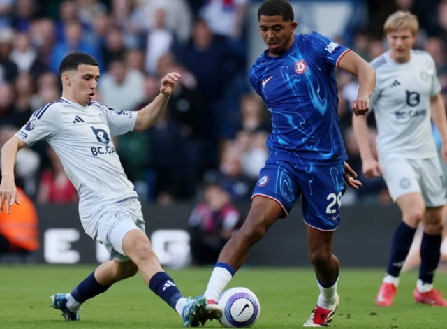 Leicester City's Bilal El Khannouss in action with Chelsea's Wesley Fofana