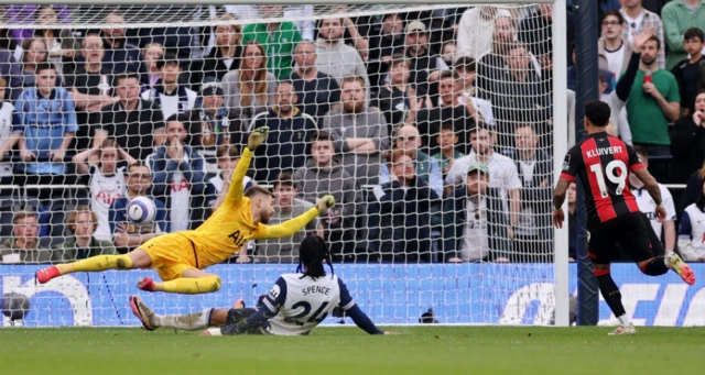 AFC Bournemouth's Justin Kluivert scores their second goal past Tottenham Hotspur's Guglielmo Vicario