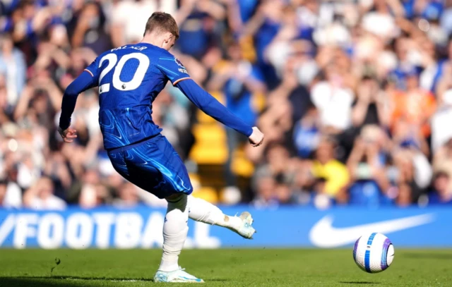 Chelsea's Cole Palmer sees his penalty saved by Leicester City goalkeeper Mads Hermansen