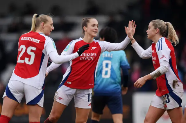 Arsenal players celebrate a goal v London City lionesses