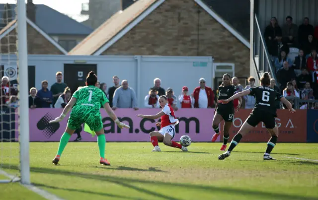 Arsenal's Caitlin Foord attempts a cross during the Adobe Women's FA Cup quarter-final match at Meadow Park, Borehamwood