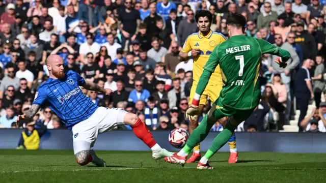 Connor Ogilvie (3) of Portsmouth challenges Illan Meslier (1) of Leeds United