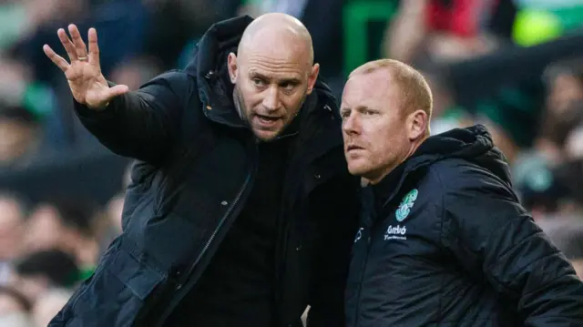 Hibernian head coach David Gray with coach Craig Sampson