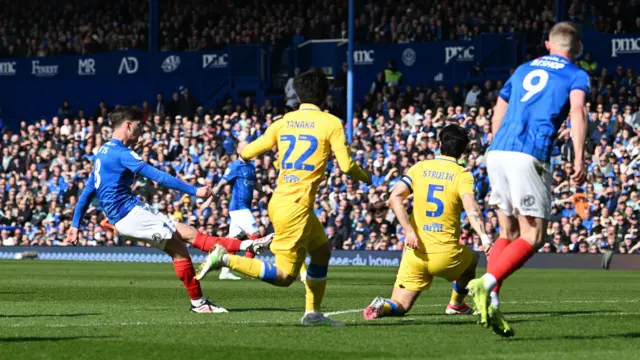 Freddie Potts (8) of Portsmouth shoots at goal during the EFL Sky Bet Championship match between Portsmouth and Leeds United at Fratton Park, Portsmouth