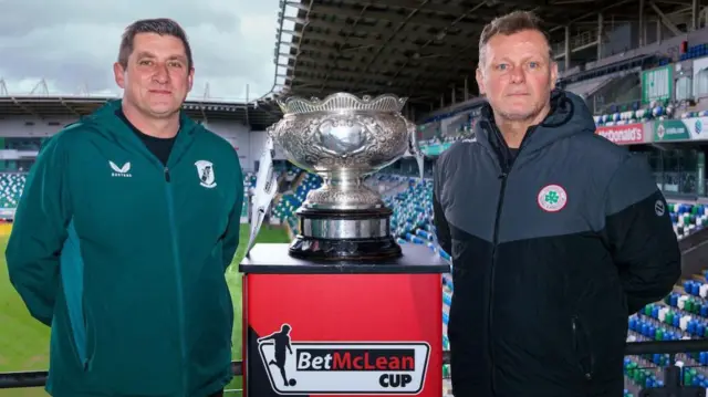 Glentoran manager Declan Devine and Cliftonville counterpart Jim Magilton