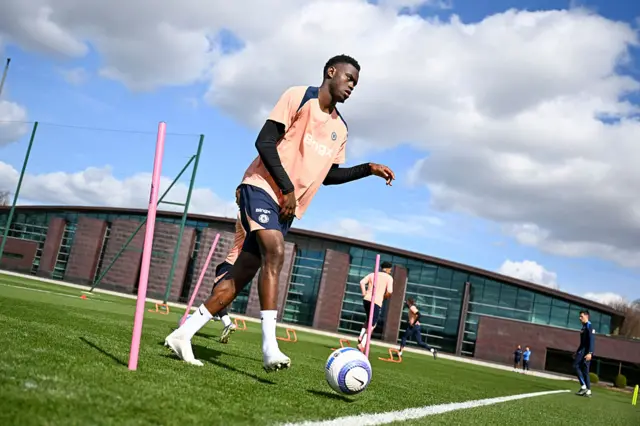 Benoit Badiashile of Chelsea during a training session at Chelsea Training Ground on March 28, 2025 in Cobham, England.