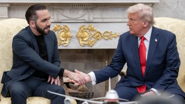 Trump shaking hands with Bukele who is smiling. They both sit on fancy armchairs wearing suits in front of a gold fireplace.