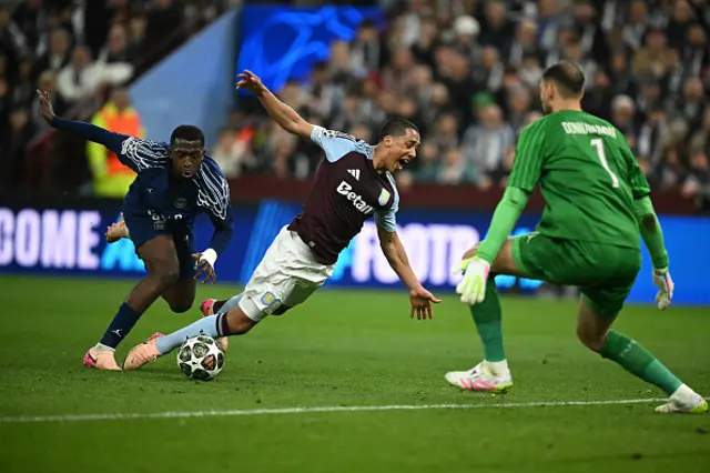 Willian Pacho tackles Aston Villa's Belgian midfielder Youri Tielemans