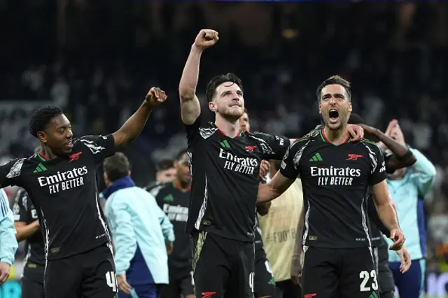 Declan Rice of Arsenal and Mikel Merino of Arsenal celebrates