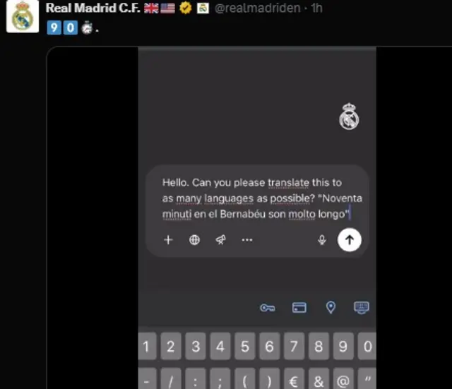 Real Madrid's post on X asking Chat GPT to translate 'Ninety minutes at the Bernabéu are very long'
