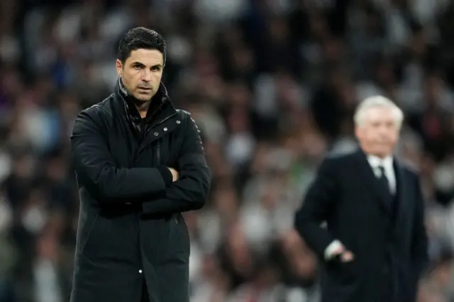 Mikel Arteta, Manager of Arsenal, looks on