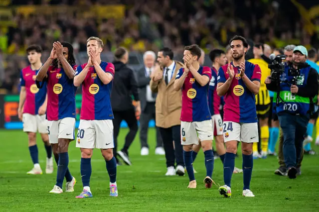 Barcelona celebrate their Champions League win over Borussia Dortmund