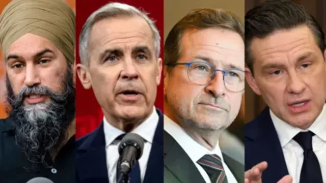 A picture of each of the four men who are speaking today. From left to right its Singh, Carney, Blanchet and Poilievre