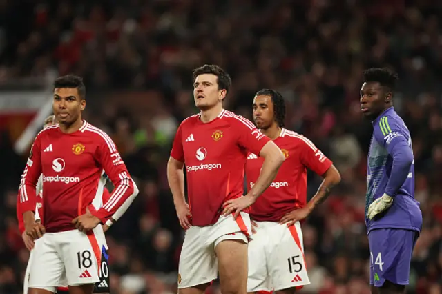 Casemiro, Harry Maguire, Leny Yoro and Andre Onana of Manchester United look on