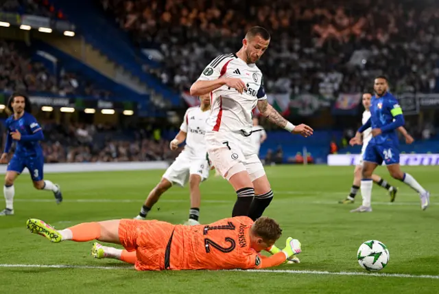 Tomas Pekhart of Legia Warszawa is fouled by Filip Jorgensen of Chelsea resulting in a penalty