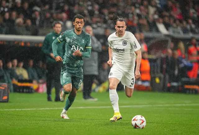 rennan Johnson of Tottenham Hotspur and Arthur Theate of Eintracht Frankfurt battle for the ball