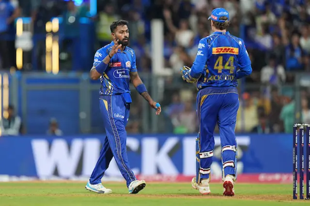 Hardik Pandya celebrates a wicket with Mumbai Indians team-mate Ryan Rickelton