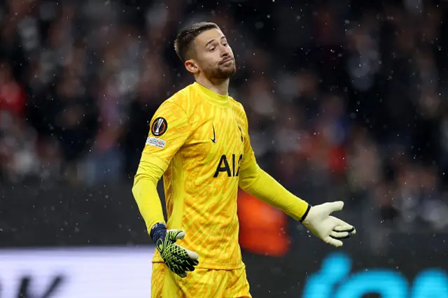 Guglielmo Vicario of Tottenham Hotspur reacts