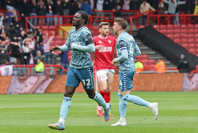 Eli Mayenda celebrates scoring at Bristol City
