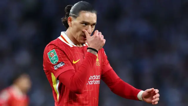 Darwin Nunez reacts during the Carabao Cup Final between Liverpool and Newcastle United