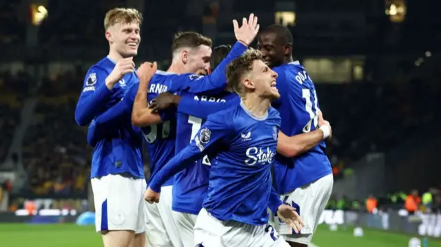 Jesper Lindstrom of Everton celebrates after team mate Jack Harrison scores