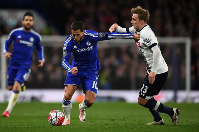 Eden Hazard of Chelsea holds off Christian Eriksen of Tottenham