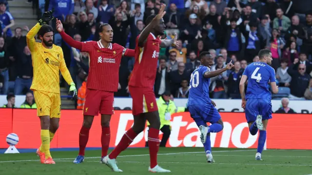 Leicester City's Conor Coady and Patson Daka celebrate a goal that was later disallowed