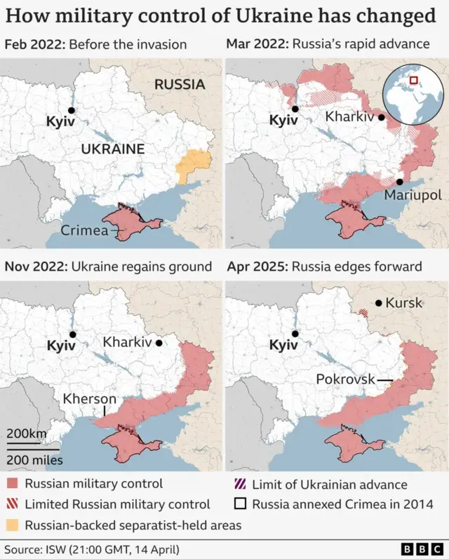 A map showing how Russia's control of Ukraine has changed since February 2022