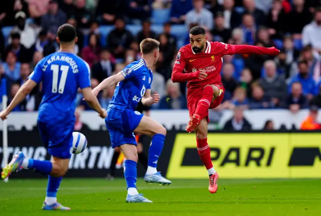 Liverpool's Mohamed Salah has s shot on goal