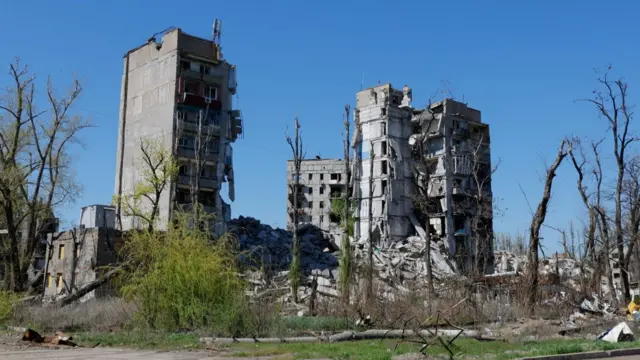 A view shows a multi-storey residential building destroyed in the course of Russia-Ukraine conflict in Avdiivka, Donetsk