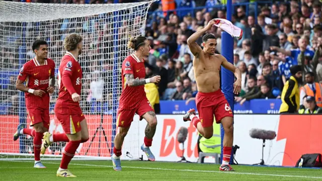Trent Alexander-Arnold of Liverpool celebrates scoring his team's first goal