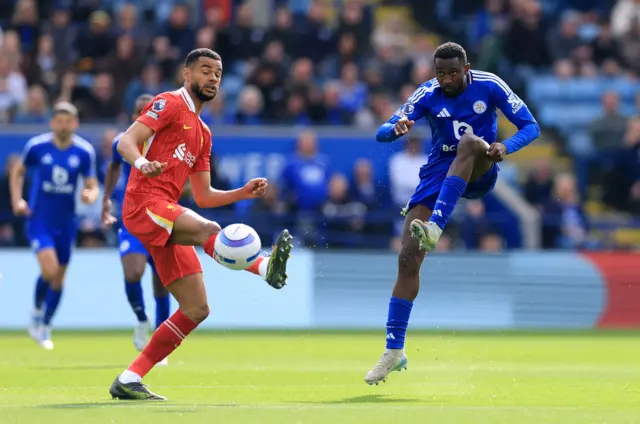 Liverpool's Cody Gakpo in action with Leicester City's Wilfred Ndidi