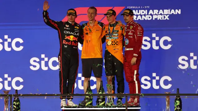Max Verstappen, Oscar Piastri and Charles Leclerc on the podium