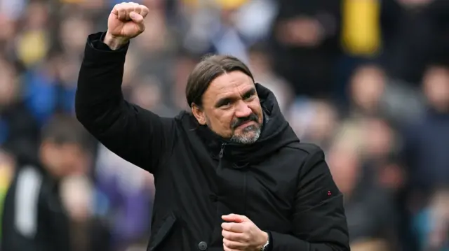 Leeds manager Daniel Farke punches the air in celebration