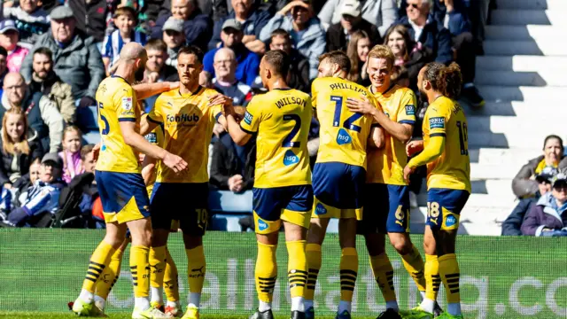 Derby players celebrate Jerry Yates' goal at West Brom