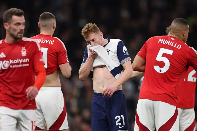 Kulusevski wipes his face asfter being denied a goal
