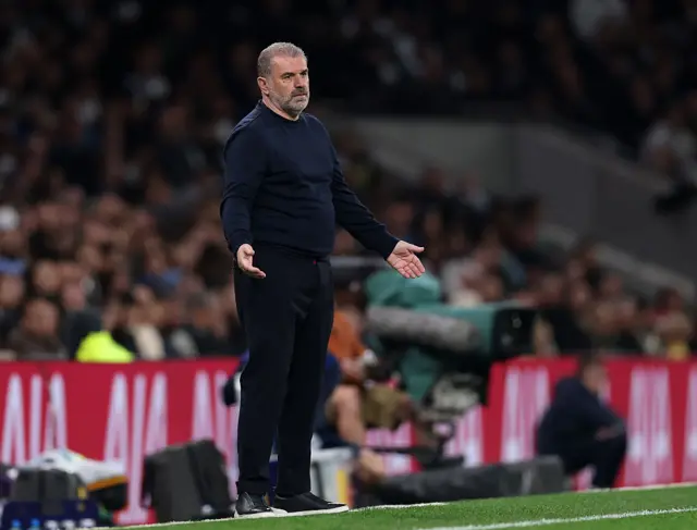 Postecoglou holds his arms out wide on the touchline