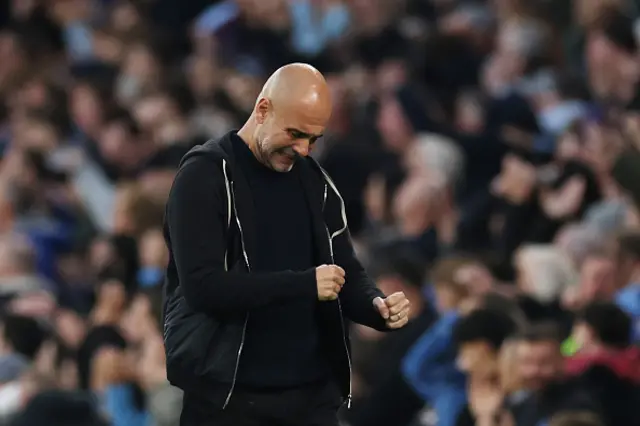 Pep Guardiola, Manager of Manchester City, celebrates
