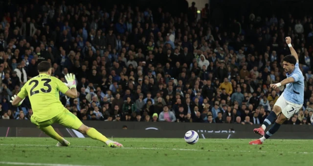 Manchester City's Omar Marmoush scores a disallowed goal